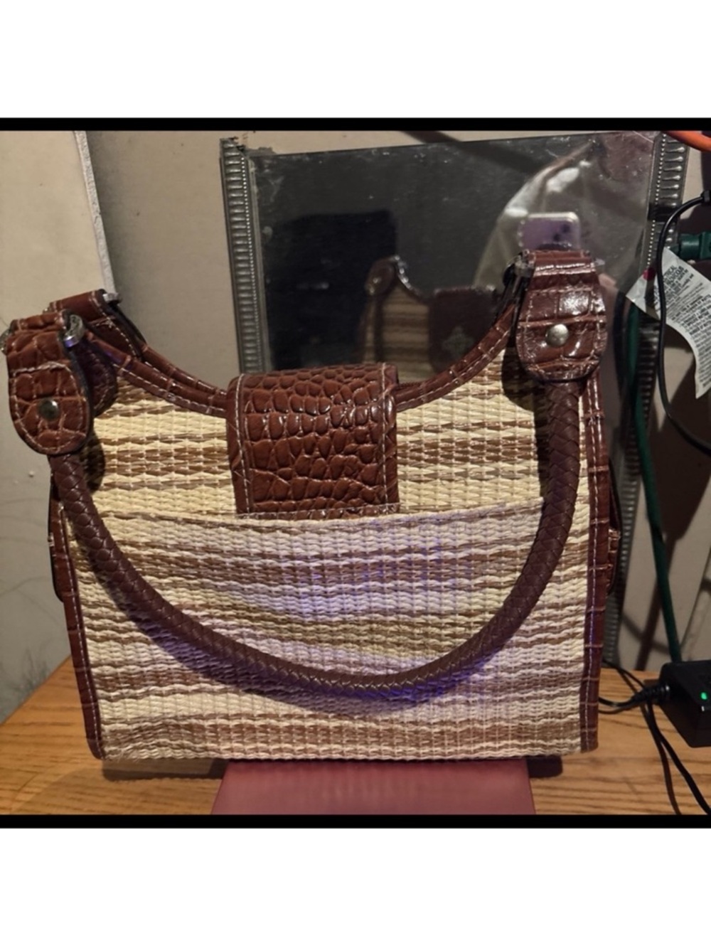 Brown Croc-Trim Woven Shoulder Bag - Picture 2 of 3